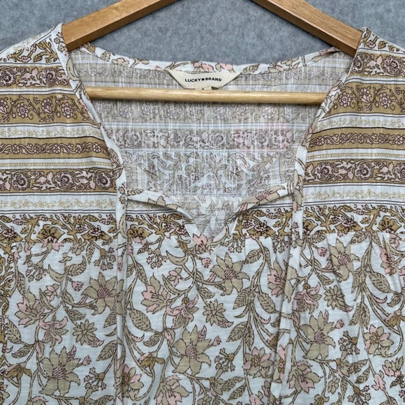 Lucky Brand Women's Medium Floral Print Tie Neck Short Sleeve Blouse Top NWT - Picture 2 of 9